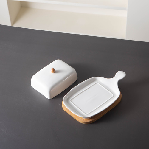 Pre-sale cross-border Amazon ceramic butter dish with bamboo wooden tray meal bag butter box simple pure rectangular butter