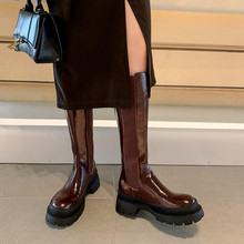 歐美風馬油皮高筒厚底時裝女靴2022年秋季新款西部牛仔靴低跟長靴