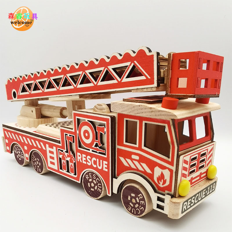 Factory Direct wooden model decoration simulation fire rescue car children's toy car scenic spot hot selling wooden gift