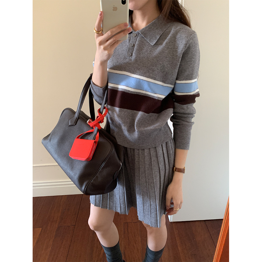 黄峥学院风条纹毛针织衫百褶半身裙套装女25冬季甜美两件套541134