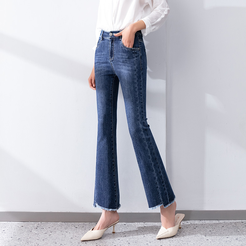 春季新款弹力高腰微喇牛仔裤女 蓝色修身不规则毛边喇叭裤9分显瘦