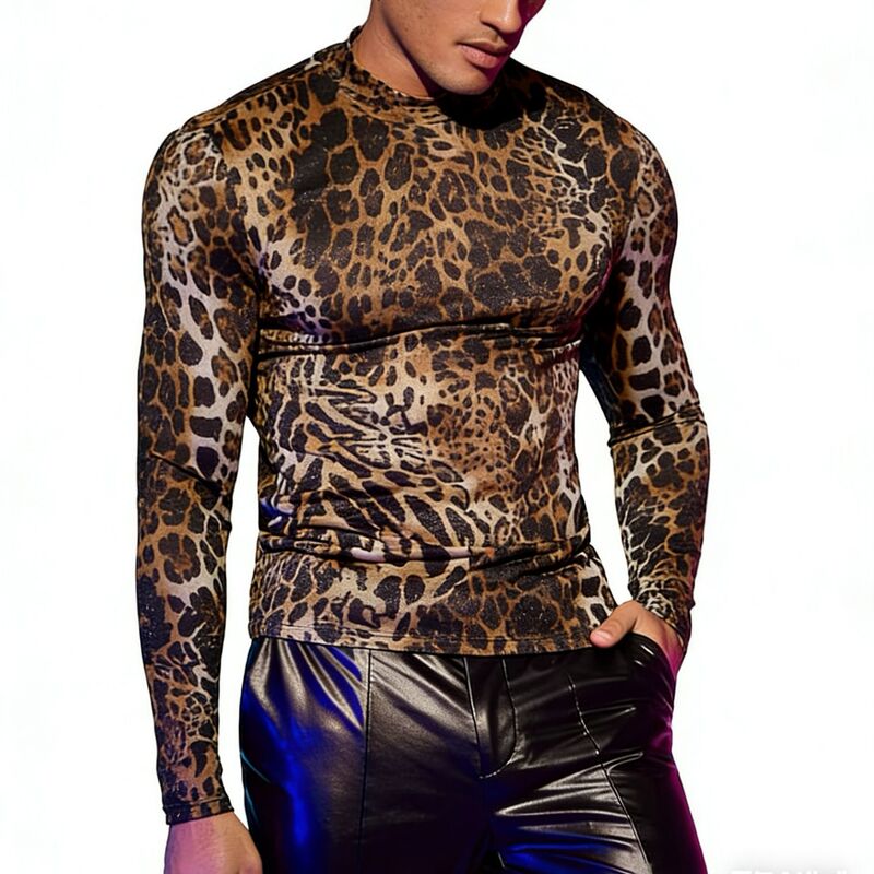 European and American Men's Long-Sleeved Leopard Print T-Shirt Men's Elastic Tight-Fitting Fitness Clothing High-Neck Men's Base Layer Shirt European and American Men's Long-Sleeved Leopard Print T-Shirt Men's Elastic Tight-Fitting Fitness Clothing High-Neck Men's Base Layer Shirt
