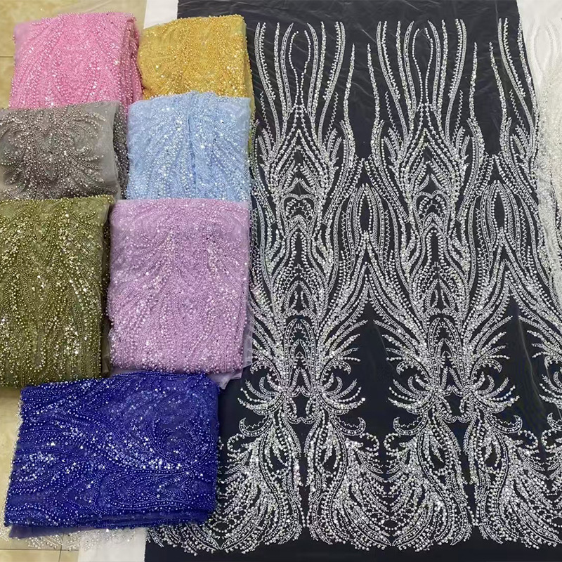 Tela de encaje francesa con lentejuelas de alta resistencia para vestidos de novia, bordado con cuentas y bordado 3D al por mayor de fábrica.
