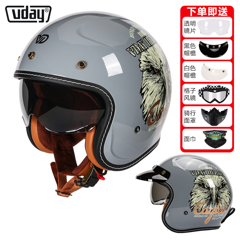 Motosiklet kaskı (dəbilqə) — Motuoche Motorcycle Helmet - va-1-gloss-gray-eagle-head-gift-visor-brim-black-goggles-mask-scarf-m-53-54cm