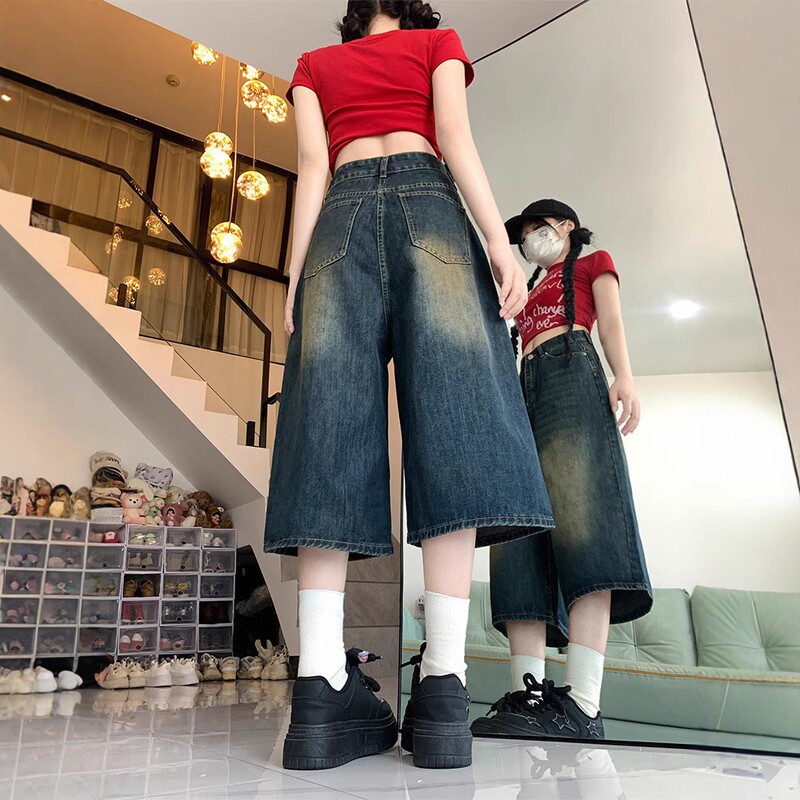 American High Street Retro Wide-Leg Cropped Denim Pants for Women in Summer High-Waisted Slimming Loose Versatile Straight Shorts