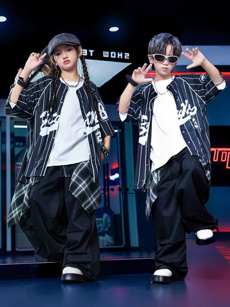 Street Dance Children's Trendy Clothing Hip-Hop Style Shirt Baseball Jacket Pants Set Unisex Children's Hip-Hop Performance Outfit
