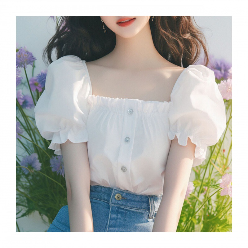 This year's popular beautiful little shirt Mogo fish yuan create French style age-reducing white square collar bubble sleeve shirt for women in summer This year's popular beautiful little shirt Mogo fish yuan create French style age-reducing white square collar bubble sleeve shirt for women in summer