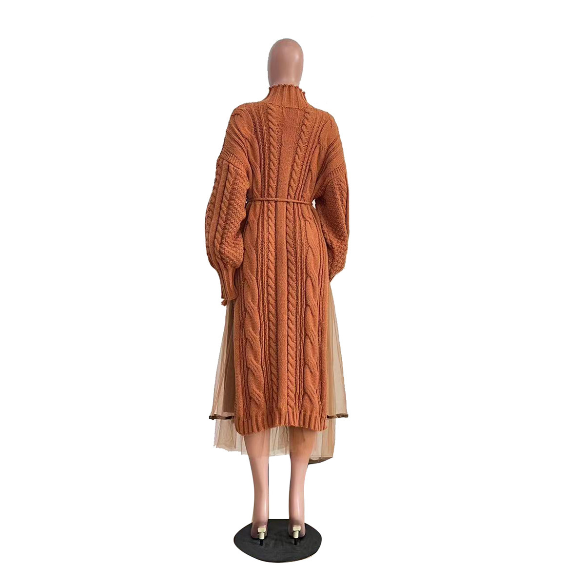 Women's Clothing women's fashion solid color lantern sleeve stand collar knitted skirt sweater skirt dress two piece suit_voghion.com