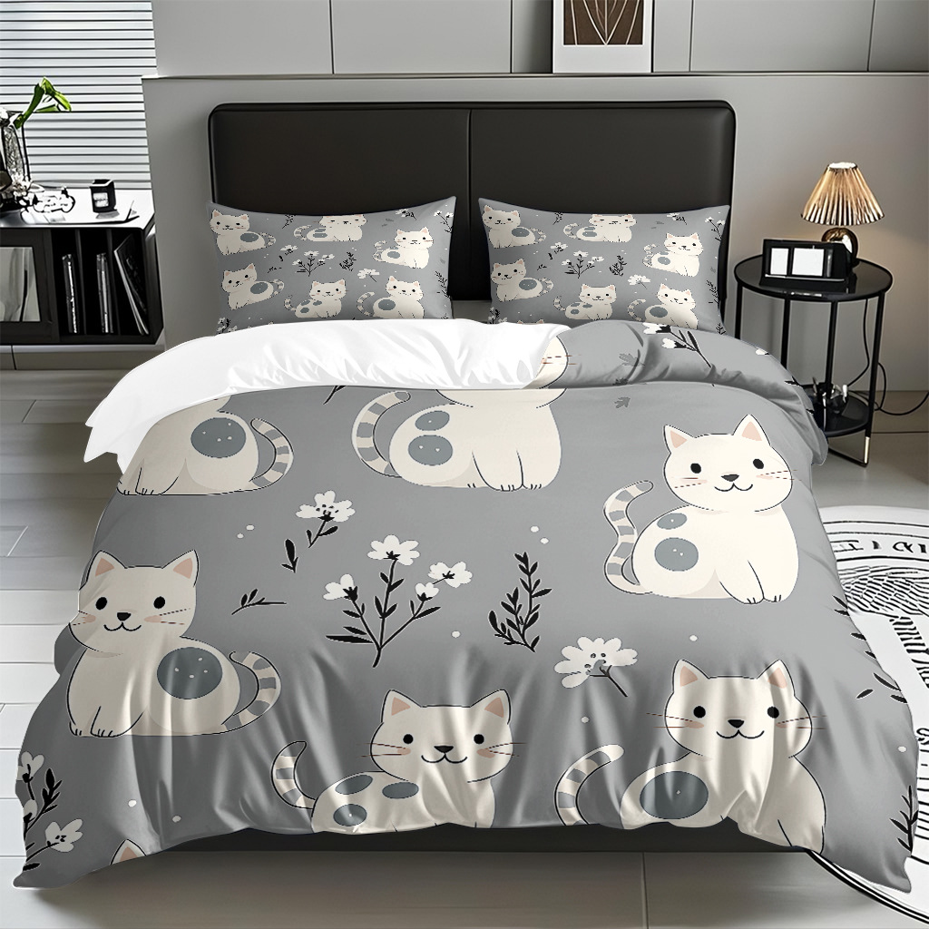 Transfronterizo textil doméstico molido caricatura gatito impresión digital suave permeable colcha colcha set fuente fábrica Temu / JIT