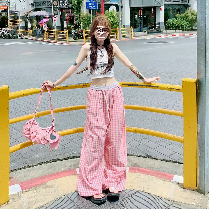 粉色格子阔腿裤女春夏薄款2025新款高腰垂感直筒休闲裤宽松山本裤