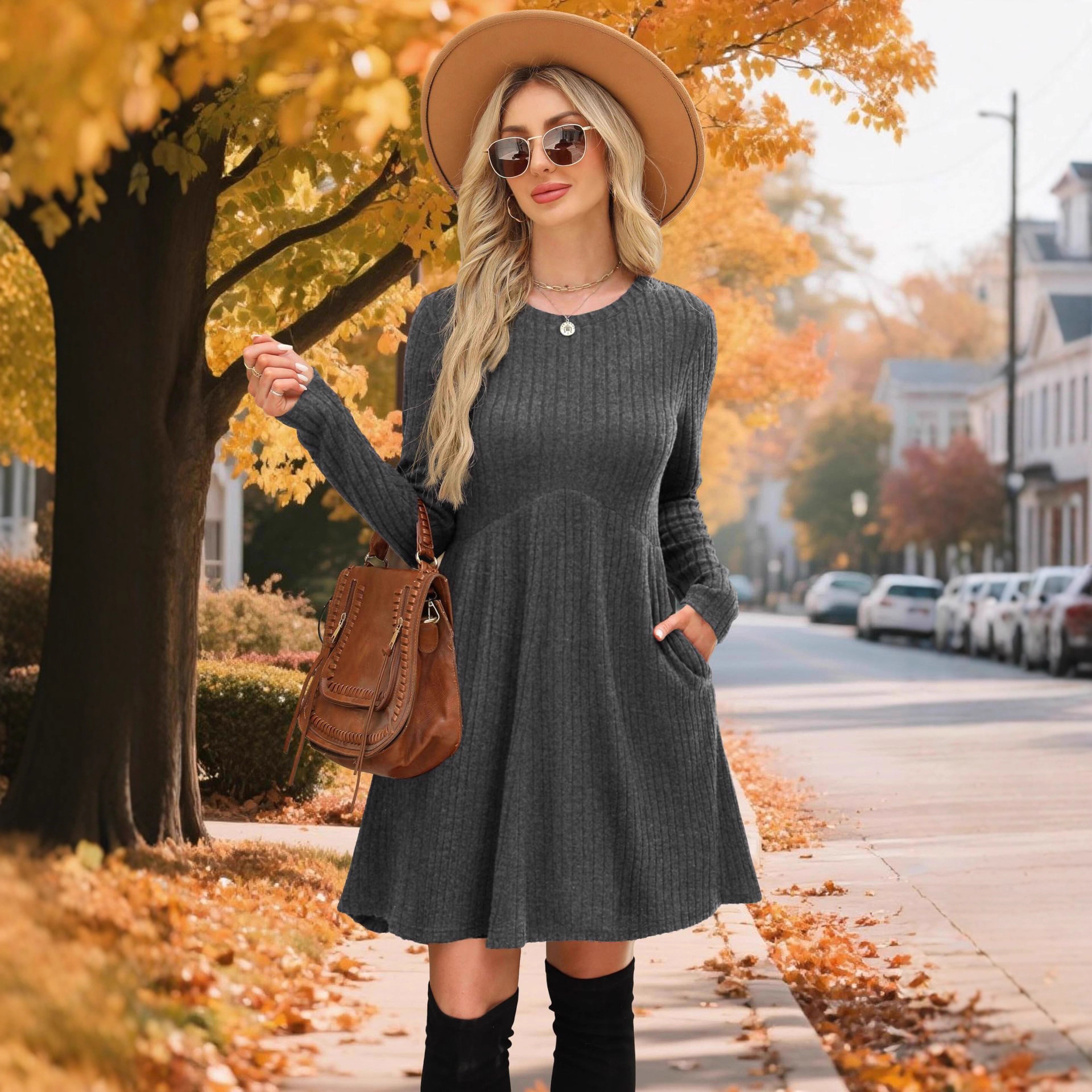 2025 Thick Autumn/Winter Bohemian Irregular Brushed Over-the-Knee Solid Color Women's Dress Umbrella Skirt_voghion.com