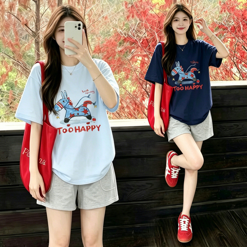 Maternity T-Shirt Set for Summer, Thin Style, Navy Blue, Slimming, High-End, Elegant Short-Sleeve Top and Shorts Outfit