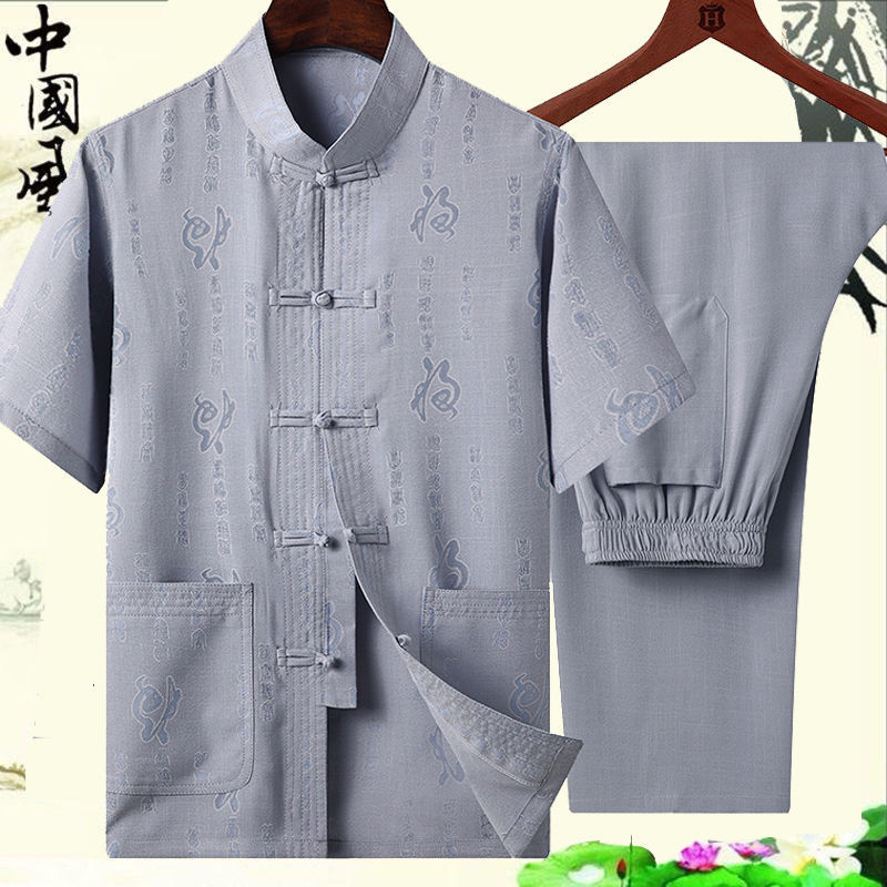 Middle-aged and elderly men's Tang suit short-sleeved clothes, grandfather's casual suit, Chinese style men's top, father's summer clothes