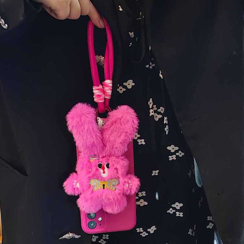 Rose red plush rabbit lanyard detachable cartoon doll mobile phone pendant mobile phone short rope decorative pendant wholesale