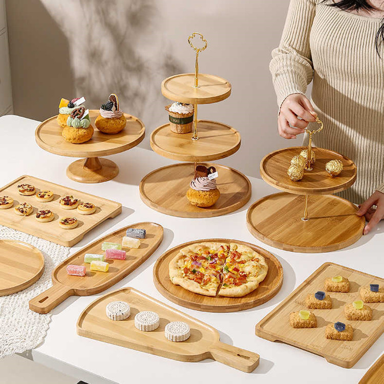 Madera de bambú plato de fruta de madera maciza Plato cuadrado postre estante redondo doble pastel plato de fruta de madera té de la tarde