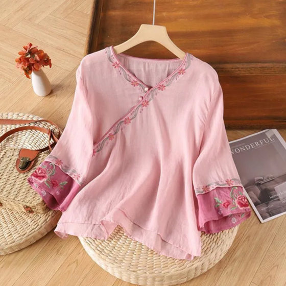 Cotton and Linen Short-sleeved Top 2024 Slant Placket Summer Buckle New Ethnic Retro Shirt Women's Artistic Loose Embroidery