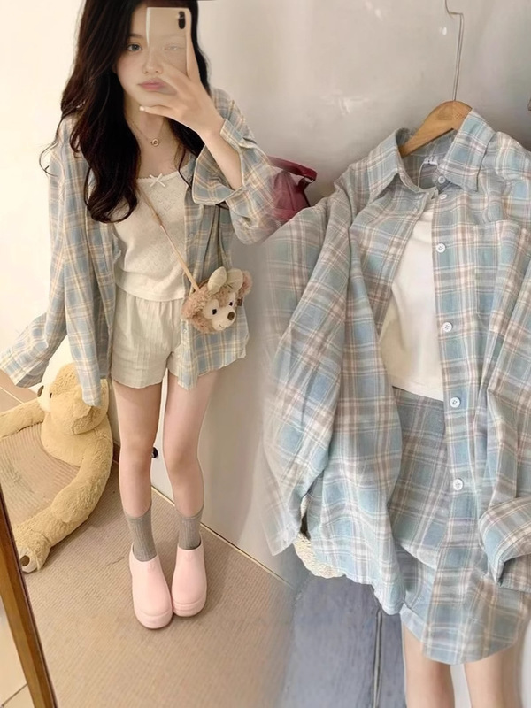 レイジーブルーチェック柄シャツジャケット女性のための 2025 夏韓国カジュアルルーズ日焼け止めシャツアウタートップ|undefined