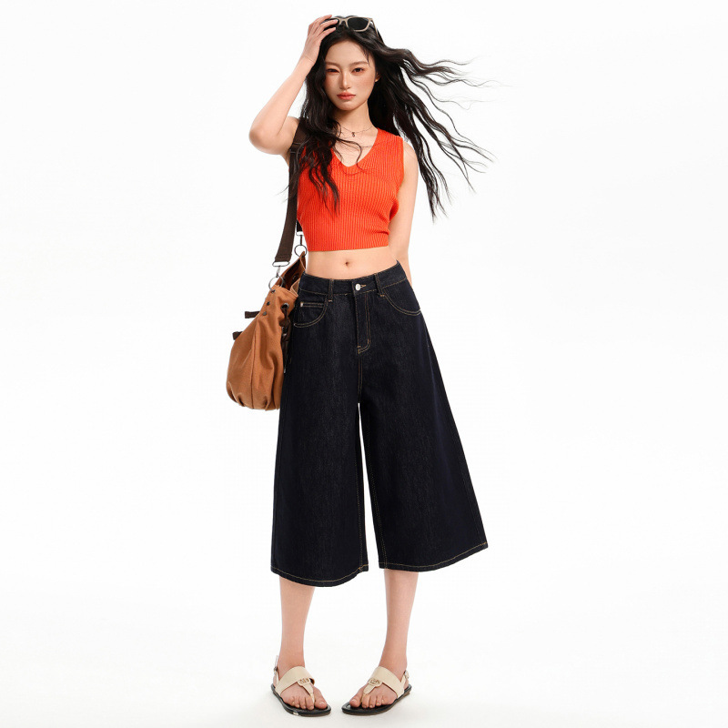 Dark Blue High-Waisted Cropped Casual Jeans for Women, 2026 Summer Thin Loose Straight-Leg Slimming Versatile Cropped Pants