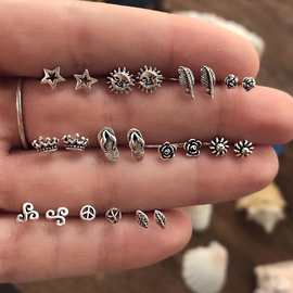 跨境电商 速卖通 wish 时尚饰品 太阳反战翅膀11件套耳钉