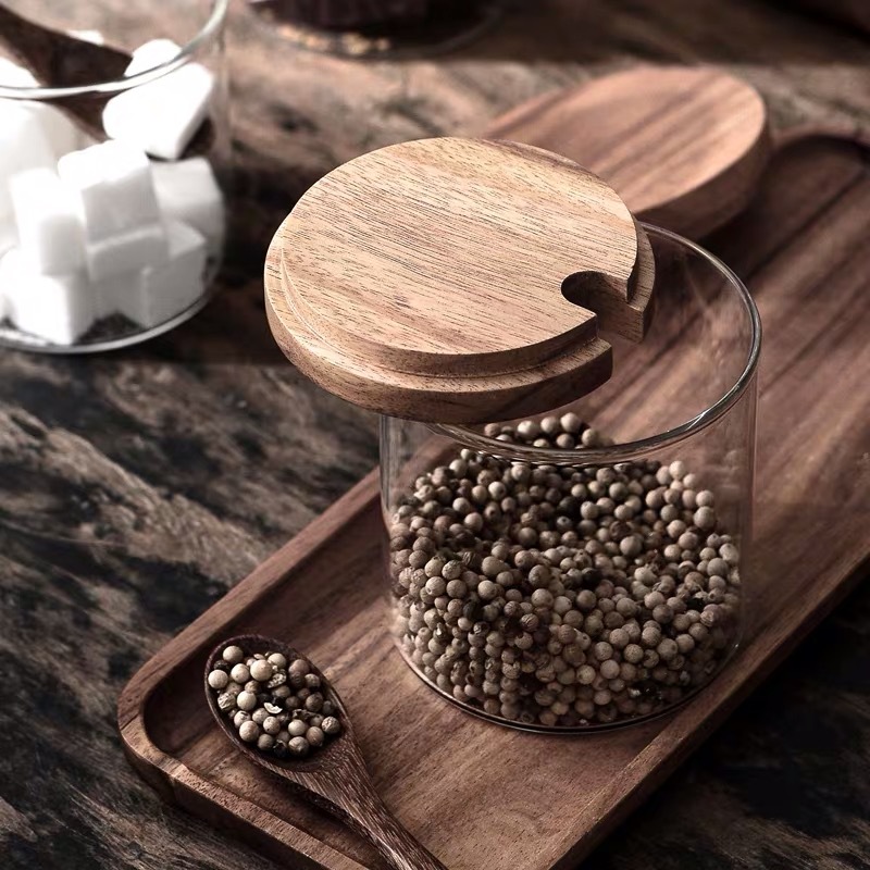 Condimento de vidrio de madera de acacia Jar condimento de cocina condimento caja hogar cocina azúcar y sal tarro condimento con cuchara traje combinación