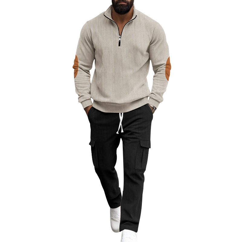 Men's Corduroy Quarter-zip Pullover And Trousers Lounge Set_voghion.com