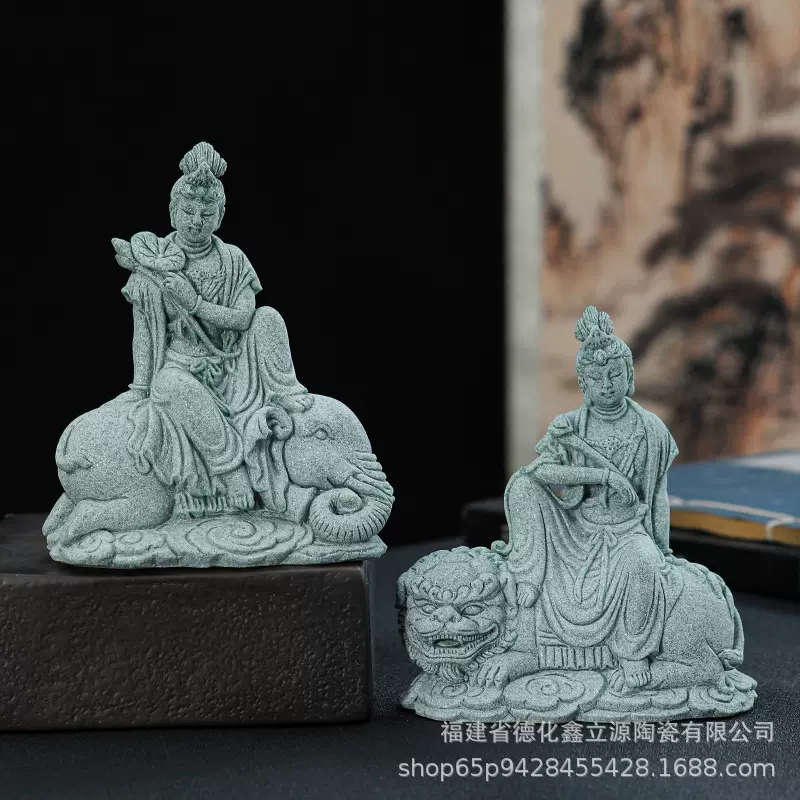 国潮类青砂石文殊普贤菩萨工艺品禅意佛像鱼缸造景摆件创意装饰品