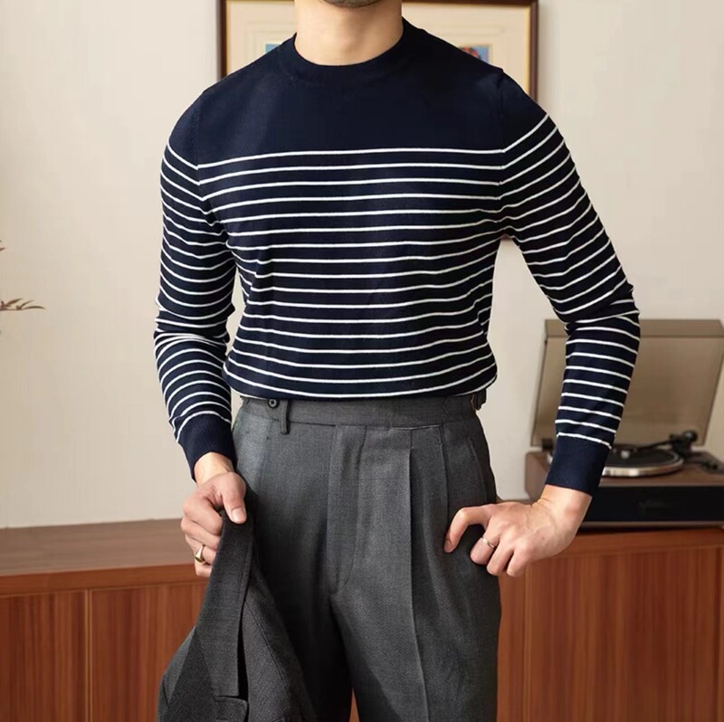 Business Commuter Autumn and Winter Striped Design Concurrent Color Long-sleeved Sweater Men's Pullover Round Neck Casual All-match Sweater Business Commuter Autumn and Winter Striped Design Concurrent Color Long-sleeved Sweater Men's Pullover Round Neck Casual All-match Sweater