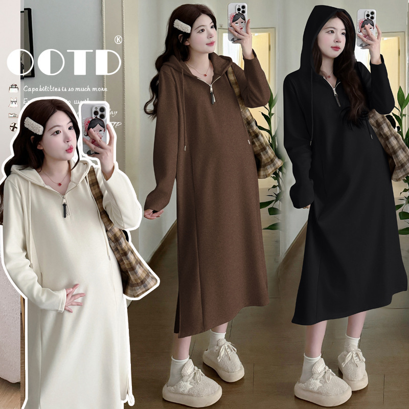 Real Shot of In-Stock Maternity Autumn Thickened Dress 2025 New Loose Plus-Size Hooded Faux Cashmere Sweater Dress Real Shot of In-Stock Maternity Autumn Thickened Dress 2025 New Loose Plus-Size Hooded Faux Cashmere Sweater Dress
