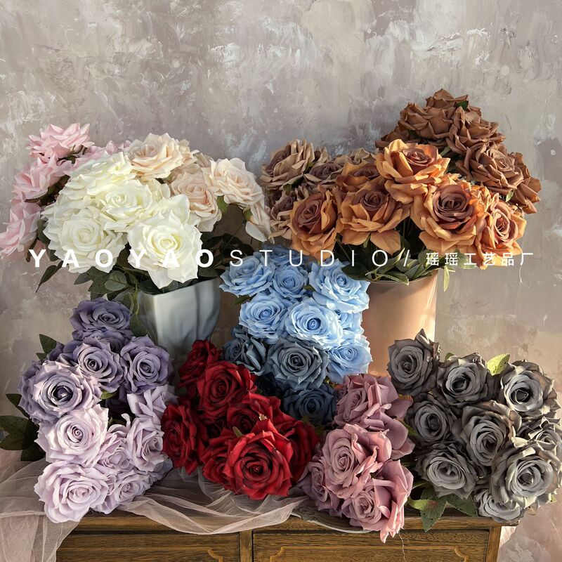 9 Head diamond rose simulation rose bouquet wedding hotel decoration home road guide bouquet fake flowers factory wholesale