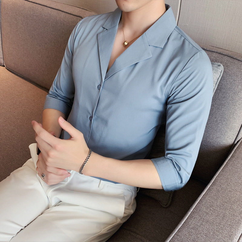 夏季新款男士英伦休闲纯色中袖西装领衬衣青年商务韩版V领衬衫潮