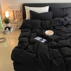 暗黑系侘寂風純色水洗棉四件套純棉全棉黑色被套床單床笠床上用品