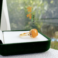 天然老蜜蜡戒指女S925银镶琥珀老蜡方糖戒指真品高货可出鉴定证书