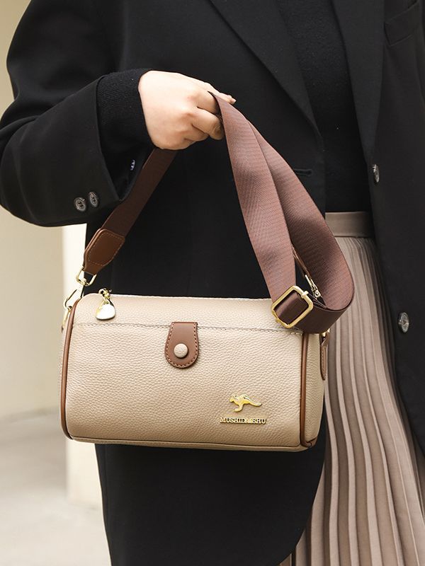 Kangaroo Brand Genuine Leather Women's Bag 2025 New Single Shoulder Crossbody Bag Middle-Aged Mother First-Layer Cowhide Boston Bag