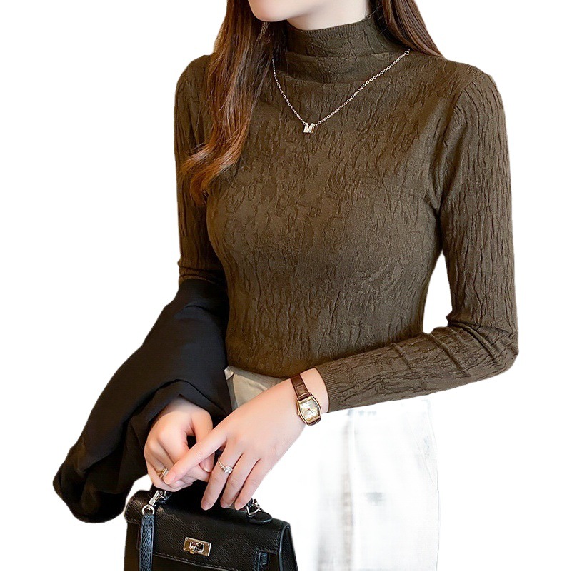 Suéter de fondo de manga larga con cuello alto para mujer 2023 otoño e invierno nuevo top de adelgazamiento slim fit Camisa de fondo de color sólido de estilo occidental