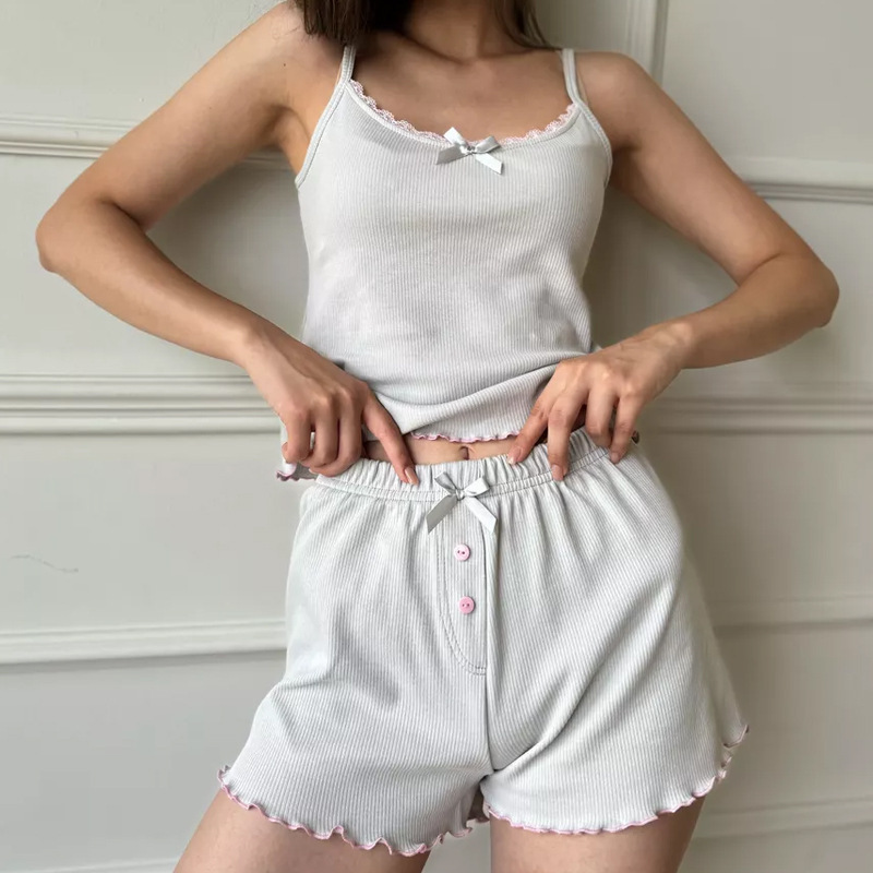 캐미솔 레이스 여름 순수한 욕망 스타일 귀 트랜스레인지 잠옷 투피스 여성 정장 반바지 나비 매듭 유럽과 미국