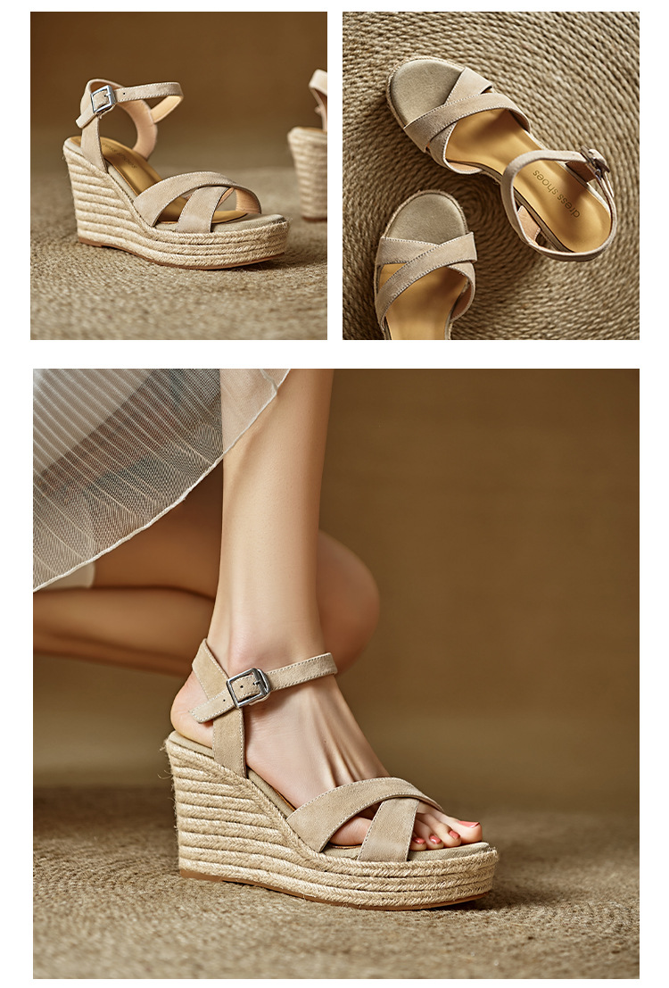 Sandal cao gót nữ đế xuồng đan rơm hở mũi quai chéo – gót 9 cm — màu đen, màu mơ chi tiết 9