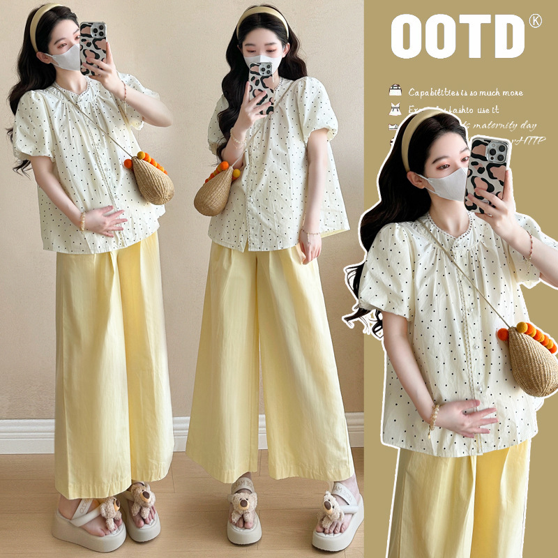 Pregnant Women suit Summer Trendy Mom New Sweet Age-reducing Polo Dot Doll Shirt Thin Short-sleeved Top Pants Two-piece Set