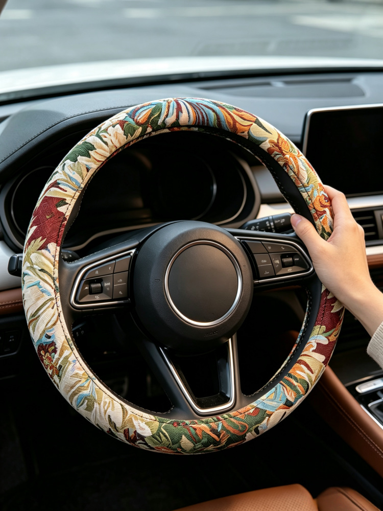 Summer Steering Wheel Cover, Breathable Cotton and Linen, Retro Oil Painting, National Trend, Men's and Women's Style, Universal for All Seasons, Car Handlebar Cover, Protective Cover