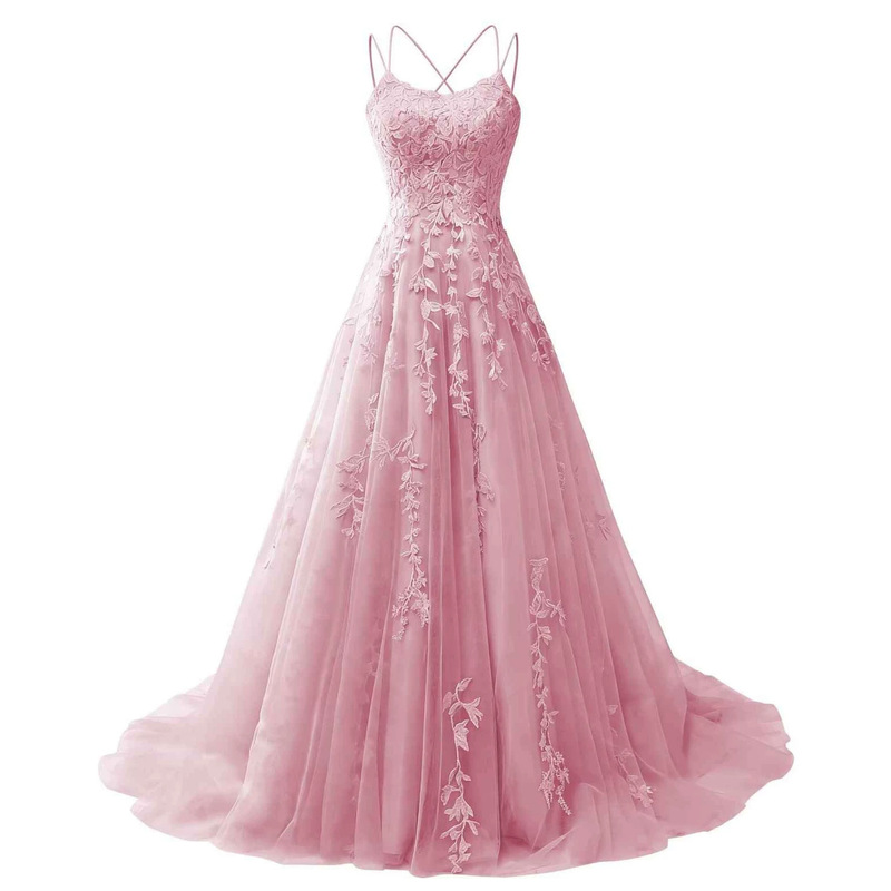 Evening Dress for Women 2026, Spaghetti Strap Ball Gown, Long Tulle Lace Appliqué Women's Party Ball Gown for Summer Evening Dress for Women 2026, Spaghetti Strap Ball Gown, Long Tulle Lace Appliqué Women's Party Ball Gown for Summer