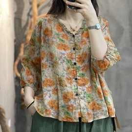 印花复古七分专柜夏季女装衬衫爆款休闲上衣衬衣宽松显瘦洋气减龄