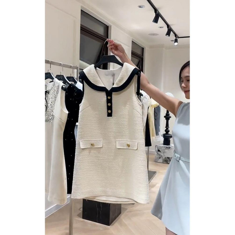 Xiaoxiangfeng フレンチスタイルのセレブのハイエンドの絶妙な白いノースリーブカラードレス、夏の小柄な女性向け、お腹をカバーします。|undefined
