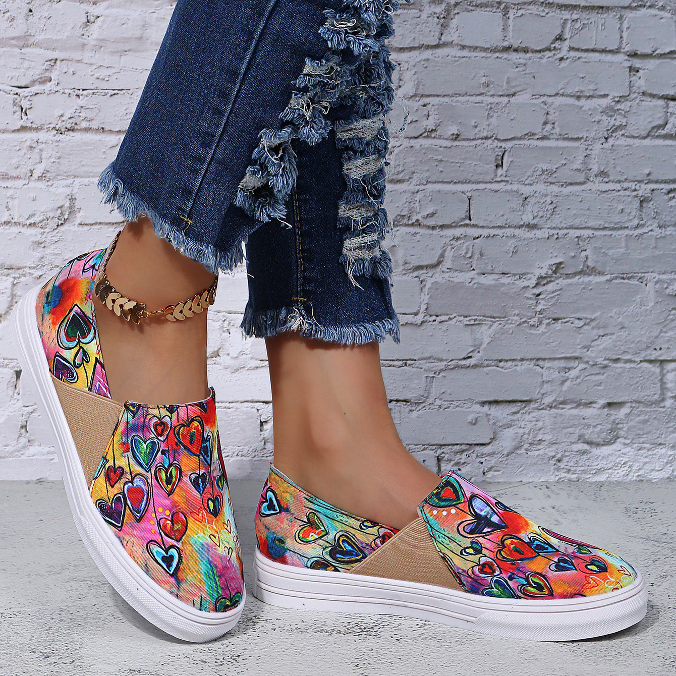 heart print Shallow mouth flat canvas shoes NSFH127811