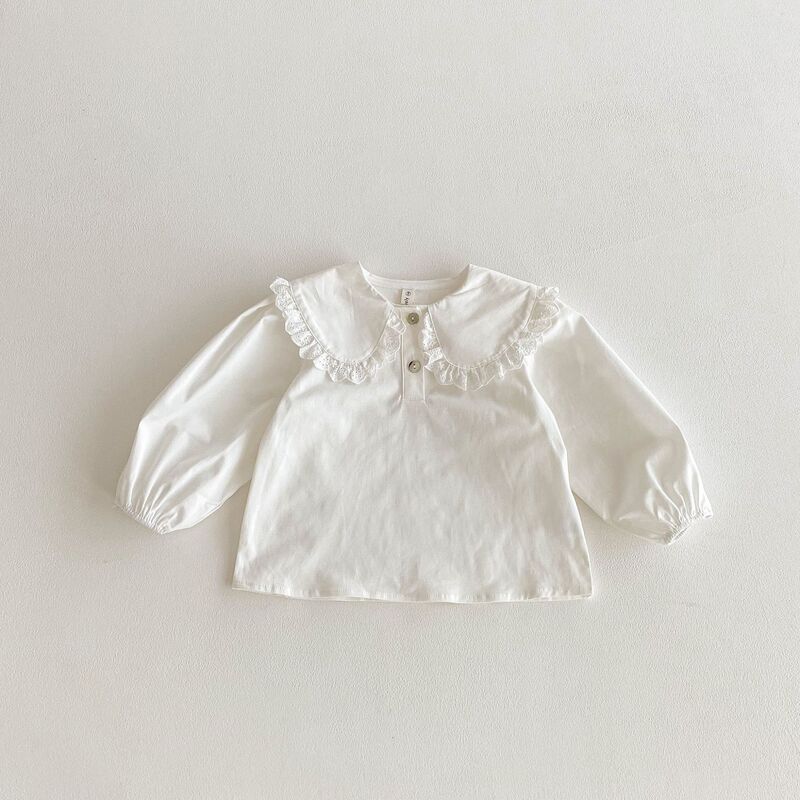 Ins Korean Style Girls' White Shirt with Lace Collar, Fashionable and Versatile Kidsren's T-Shirt, Spring & Fall Infant Outing Clothes