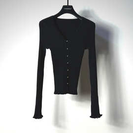 【CP】设计师女装专柜正品质感珠扣V领修身针织开衫新款荷叶上衣