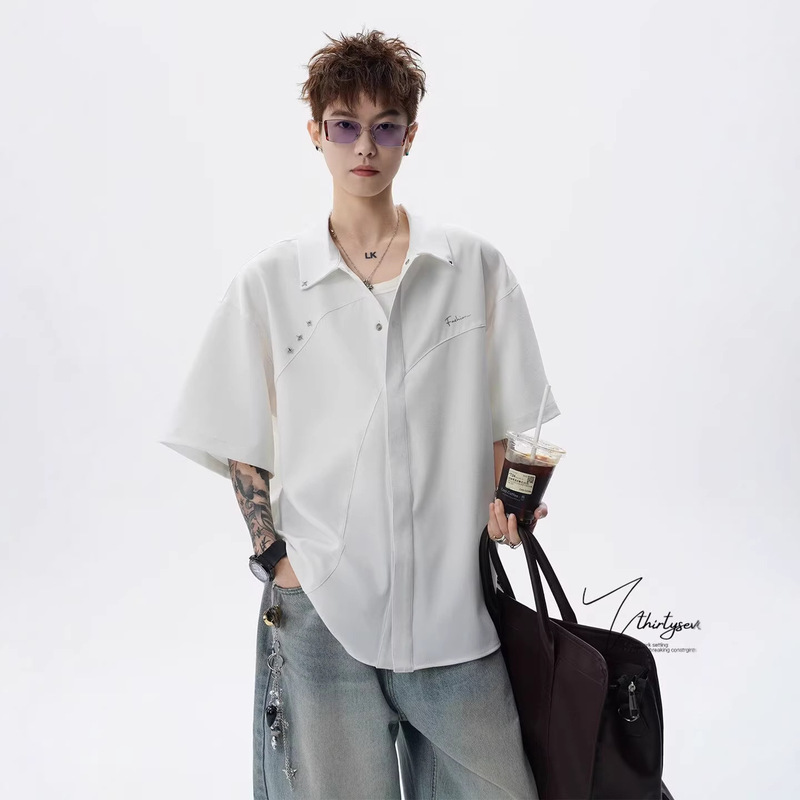 American-Style Three-Dimensional Cut Rivet Short-Sleeve Shirt for Men, Summer Trendy Brand, High-End Feel, Loose Casual Cool Shirt