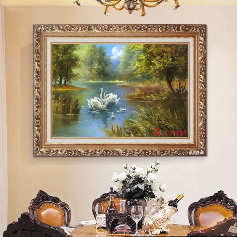 欧式有框画挂画喷绘油画风景天鹅湖客厅卧室壁炉装饰画走廊墙壁画