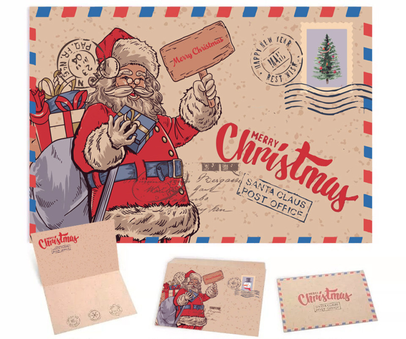 レトロ牛革クリスマスグリーティングカードクリスマスギフトカードかわいい漫画折り返しカード祝福メッセージカード封筒付き|undefined