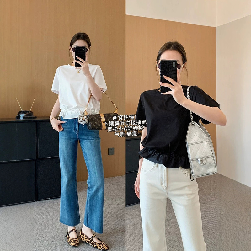 Two-Way Drawstring T-Shirt! Designer Style Adjustable Patchwork Ruffle Hem Short-Sleeve Summer Round-Neck T-Shirt for Women