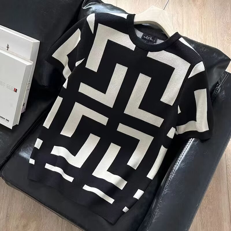 Summer short-sleeved sweater men's half-sleeved sweater thickened geometric figure new fried street slim-fit crew neck pullover base shirt