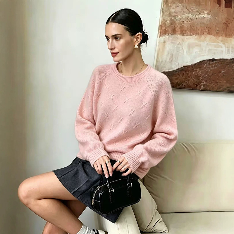Cross-border women's cross-jacquard round-neck sweater, raglan sleeves, loose, soft, cozy, long-sleeved pullover knit top Cross-border women's cross-jacquard round-neck sweater, raglan sleeves, loose, soft, cozy, long-sleeved pullover knit top